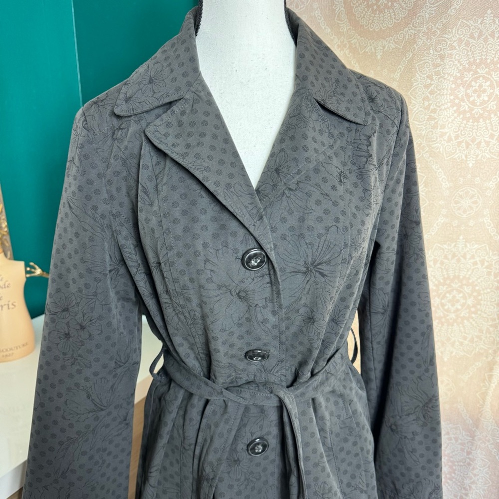 Relativity Polka Dot Hibiscus Floral Black Print Gray Trench Coat Size Small - Picture 2 of 15